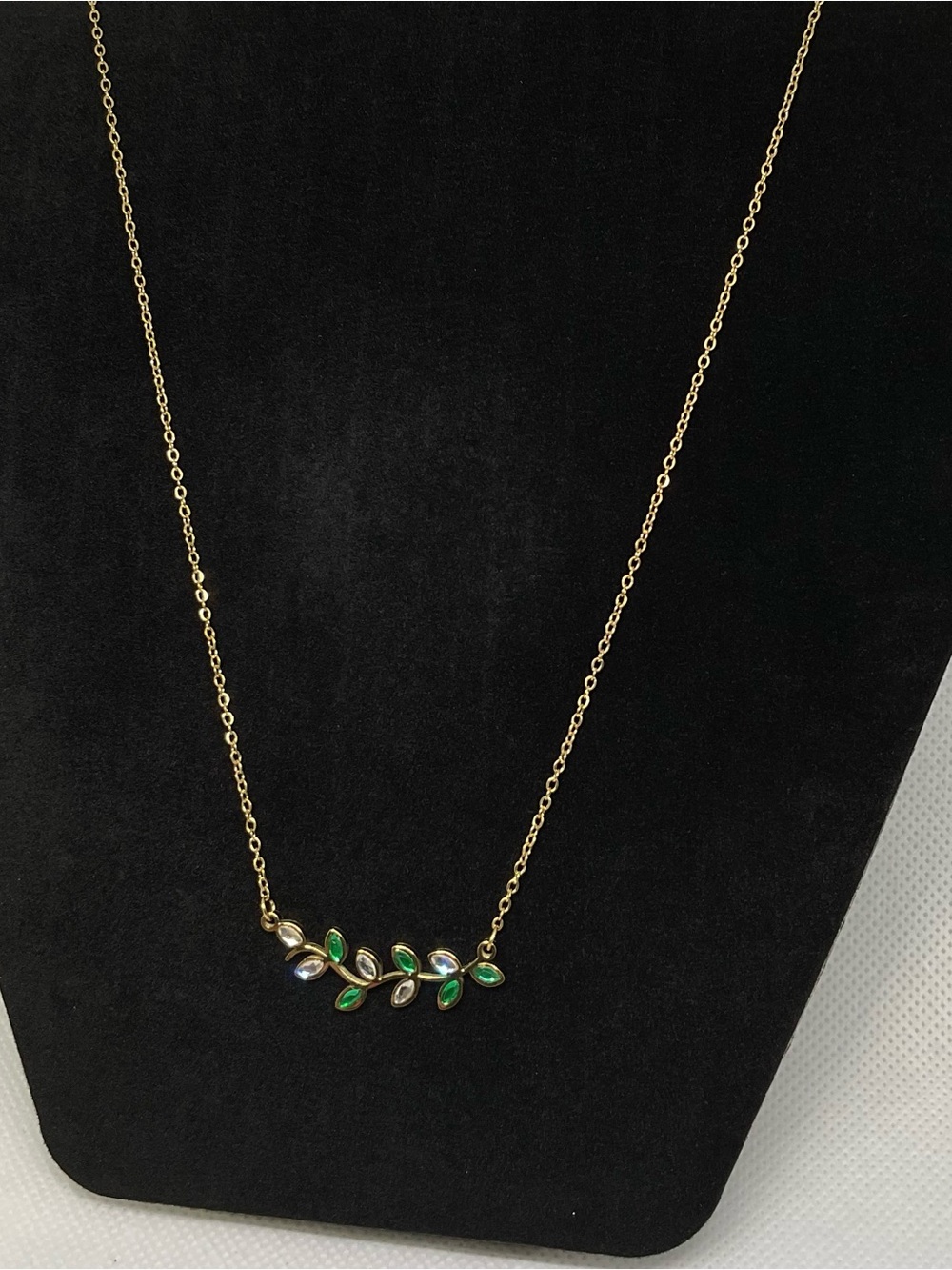 Gold Leaf Pendant Necklace with Green Accents